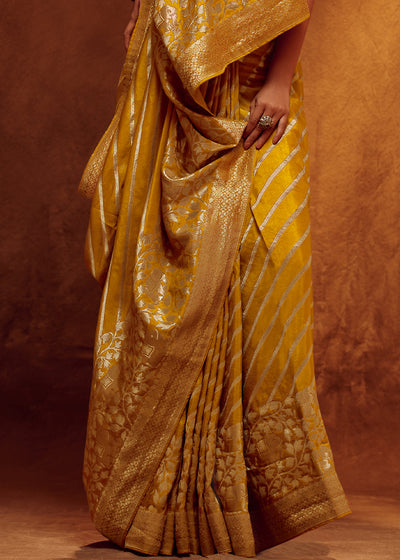 Mustard Color Pure Viscos Woven Leheriya Pattern Silk Saree