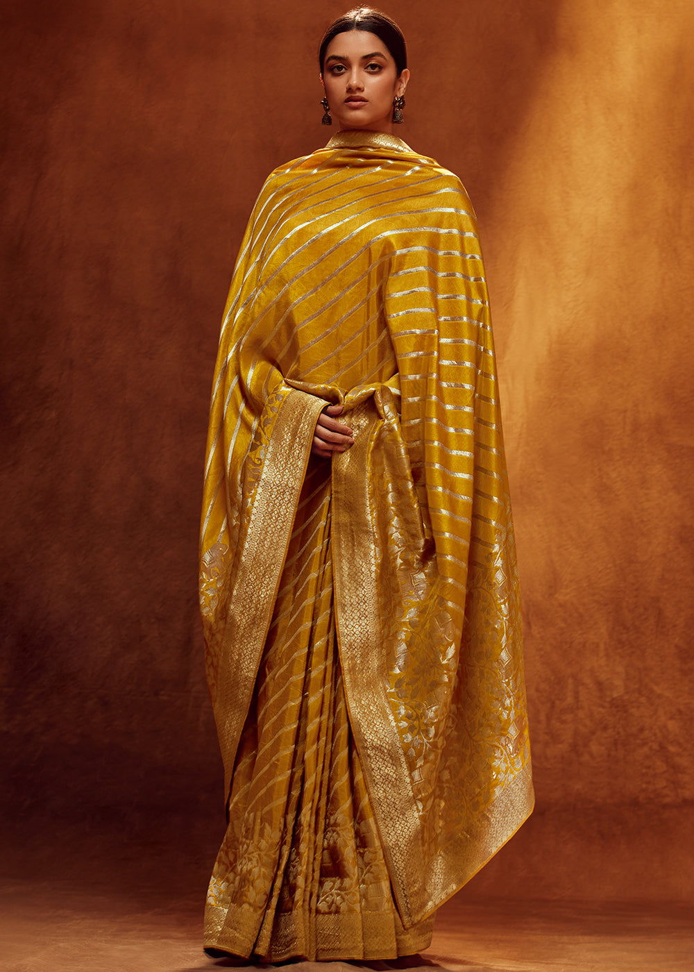 Mustard Color Pure Viscos Woven Leheriya Pattern Silk Saree