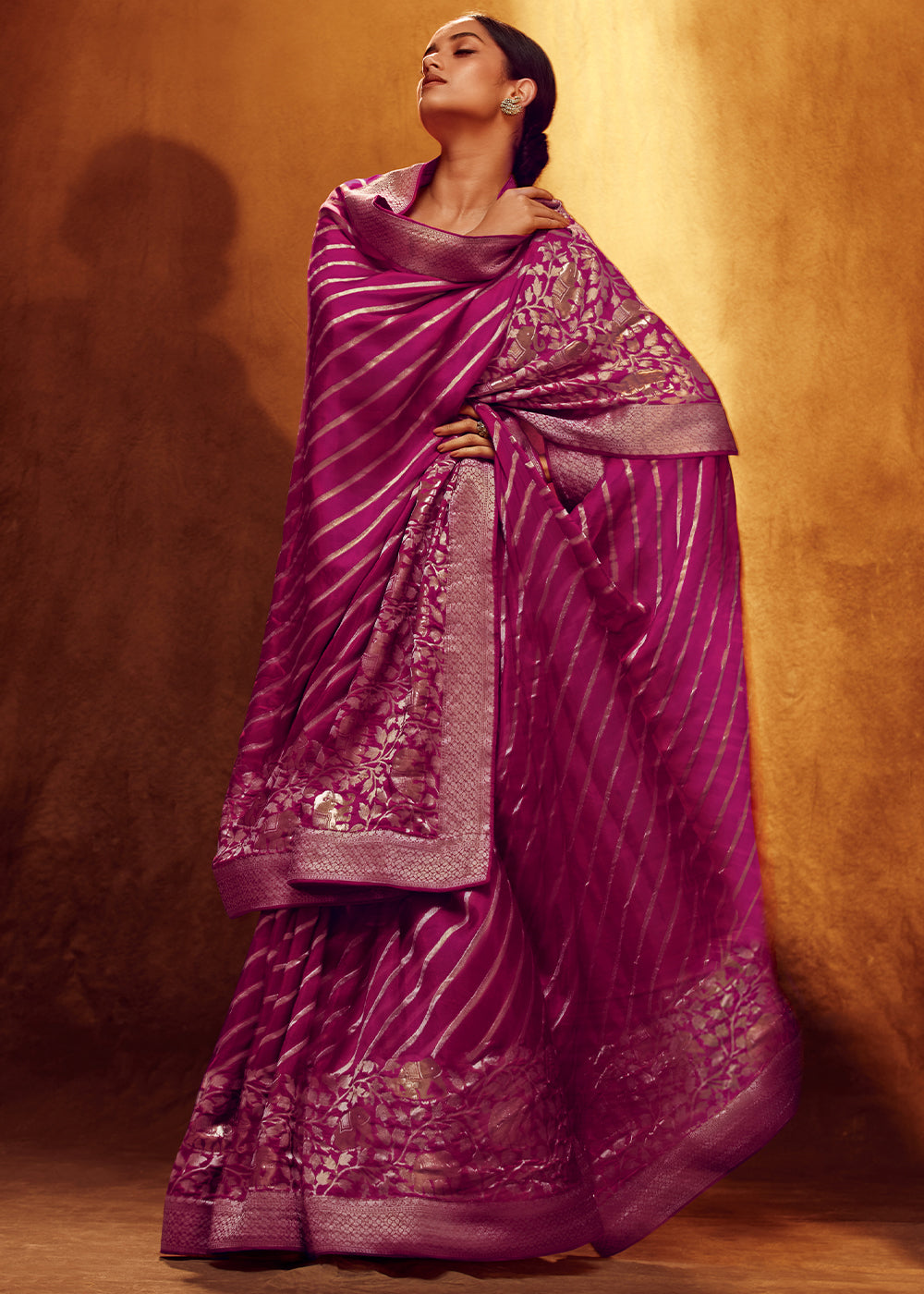 Magenta Color Pure Viscos Woven Leheriya Pattern Silk Saree