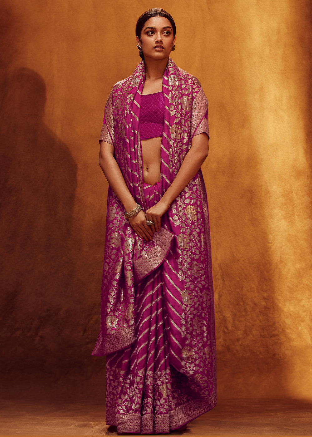 Magenta Color Pure Viscos Woven Leheriya Pattern Silk Saree