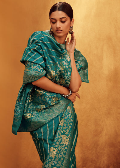 Teal Color Pure Viscos Woven Leheriya Pattern Silk Saree