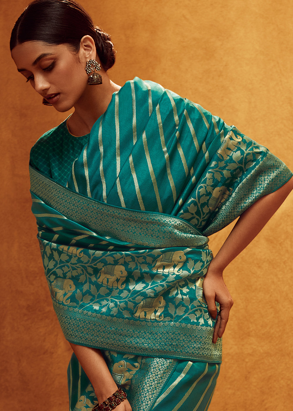 Teal Color Pure Viscos Woven Leheriya Pattern Silk Saree