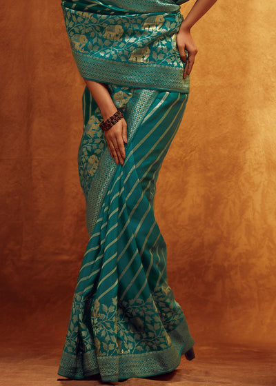 Teal Color Pure Viscos Woven Leheriya Pattern Silk Saree