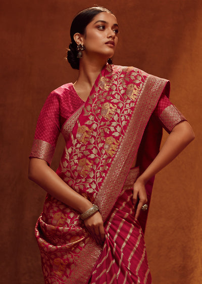 Pink Color Pure Viscos Woven Leheriya Pattern Silk Saree