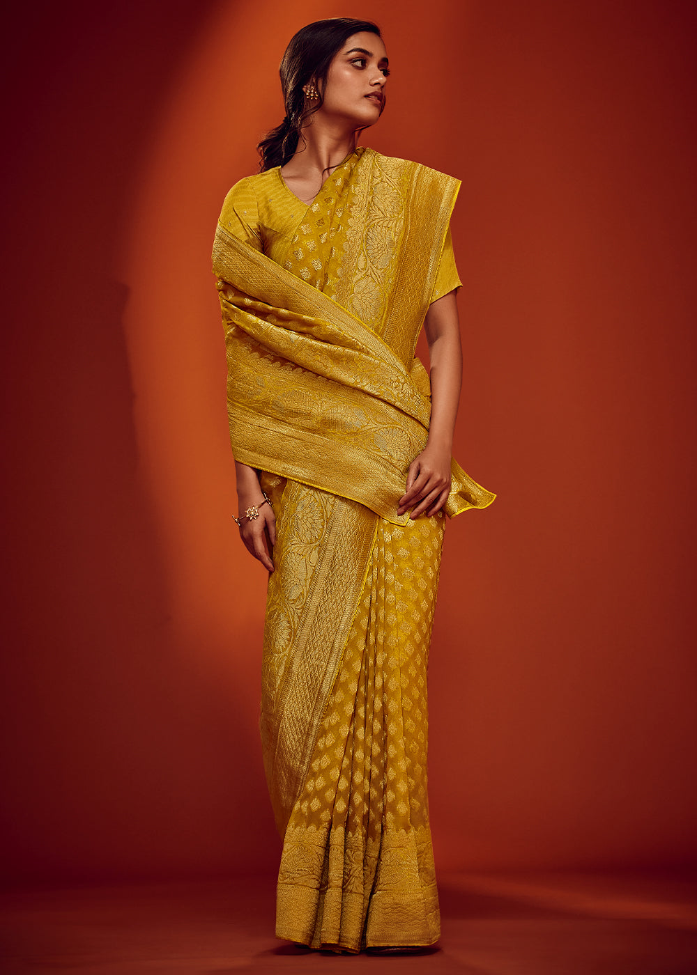 Yellow Color Pure Viscos Georgette Woven Saree