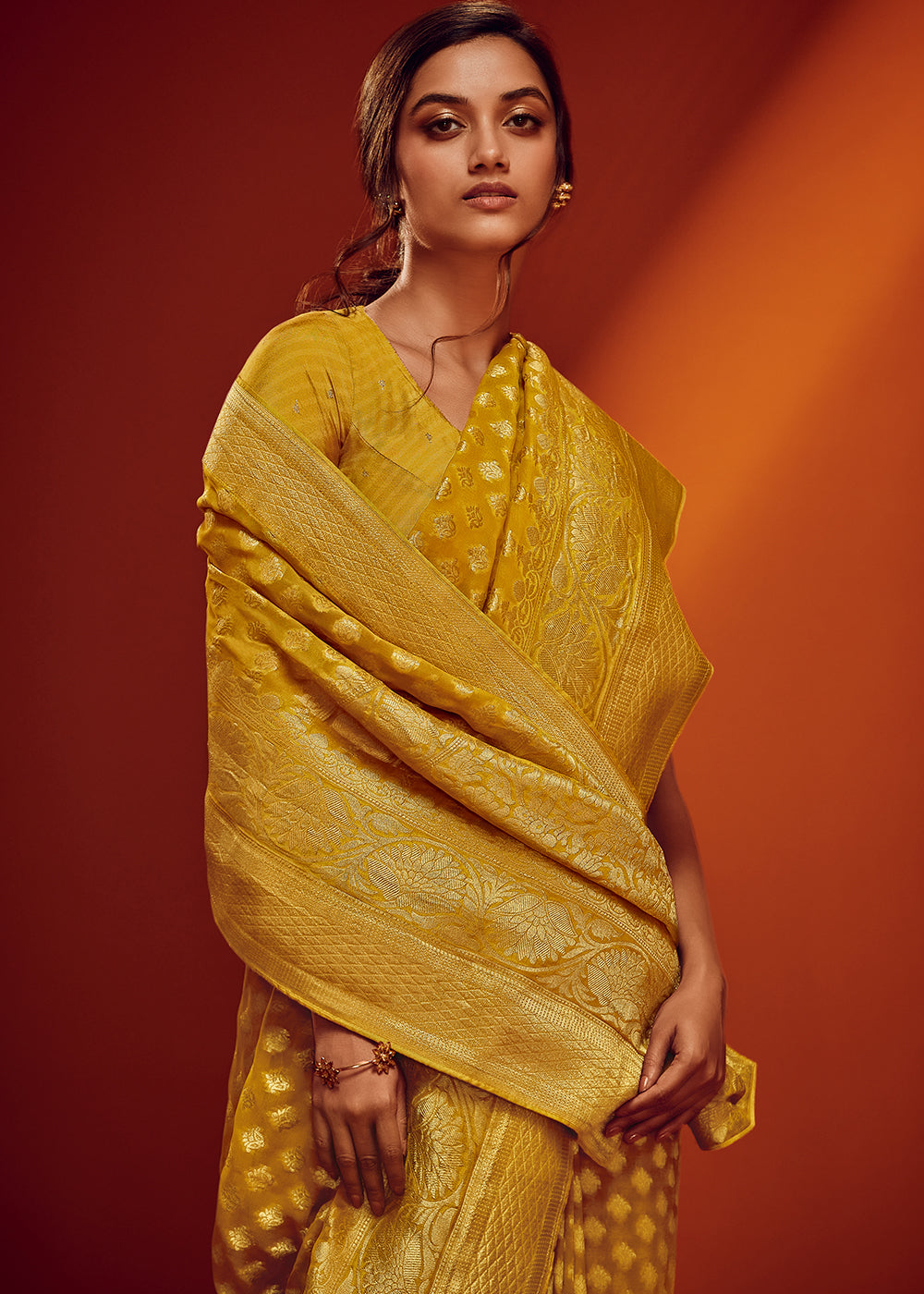 Yellow Color Pure Viscos Georgette Woven Saree