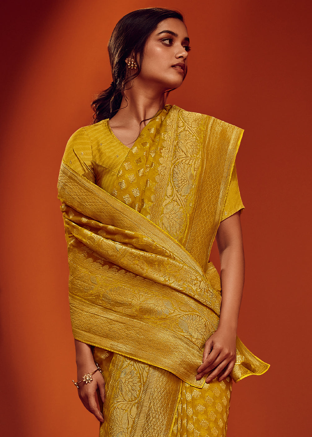 Yellow Color Pure Viscos Georgette Woven Saree