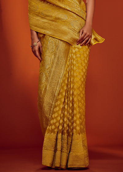 Yellow Color Pure Viscos Georgette Woven Saree