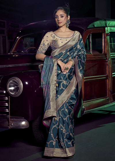 Teal Pure Silk with 3D weaved Pallu & Heavy Embroidery Designer Blouse