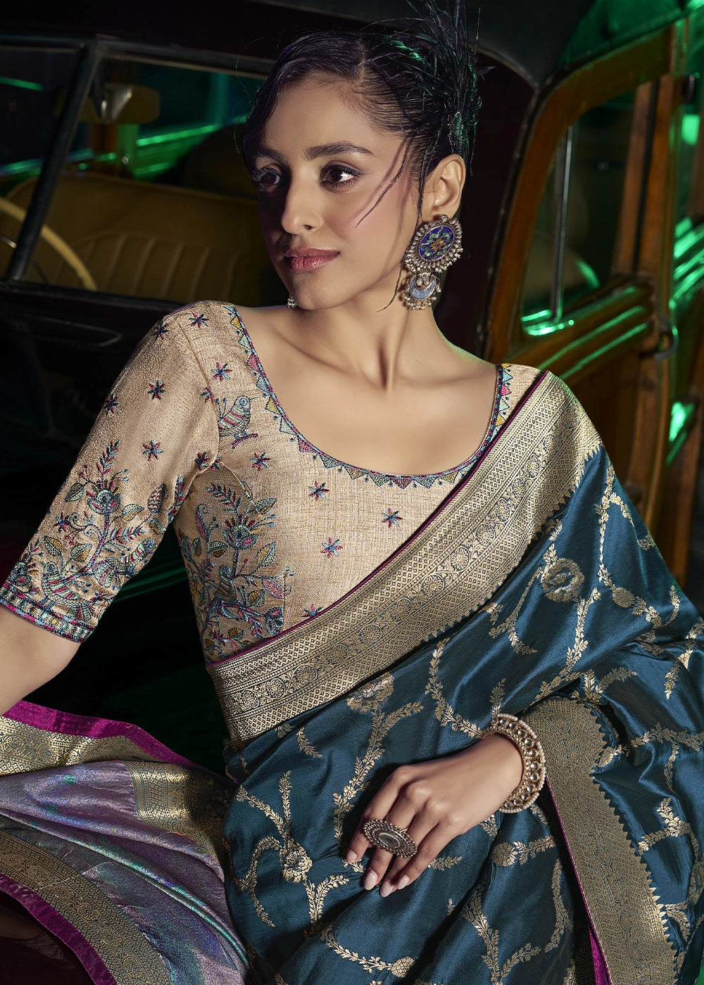 Teal Pure Silk with 3D weaved Pallu & Heavy Embroidery Designer Blouse