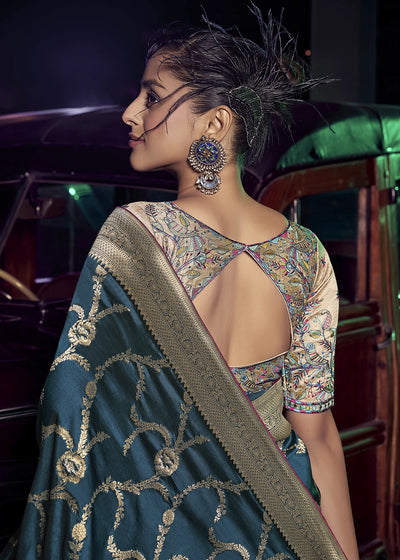 Teal Pure Silk with 3D weaved Pallu & Heavy Embroidery Designer Blouse