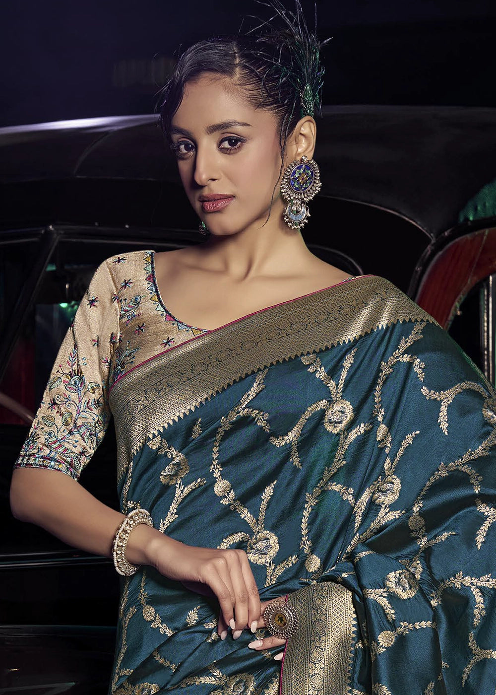 Teal Pure Silk with 3D weaved Pallu & Heavy Embroidery Designer Blouse