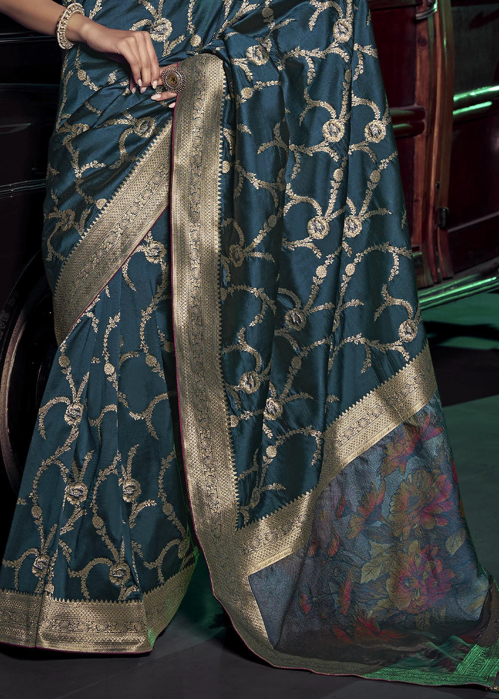 Teal Pure Silk with 3D weaved Pallu & Heavy Embroidery Designer Blouse