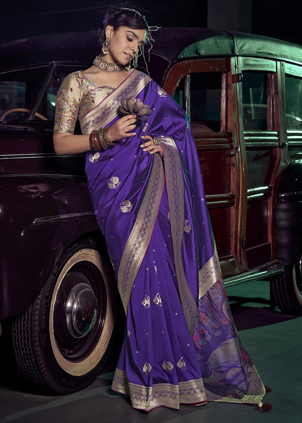 Purple Pure Silk with 3D weaved Pallu & Heavy Embroidery Designer Blouse