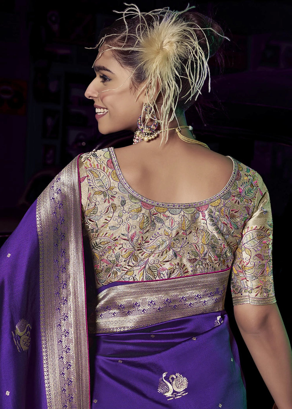 Purple Pure Silk with 3D weaved Pallu & Heavy Embroidery Designer Blouse