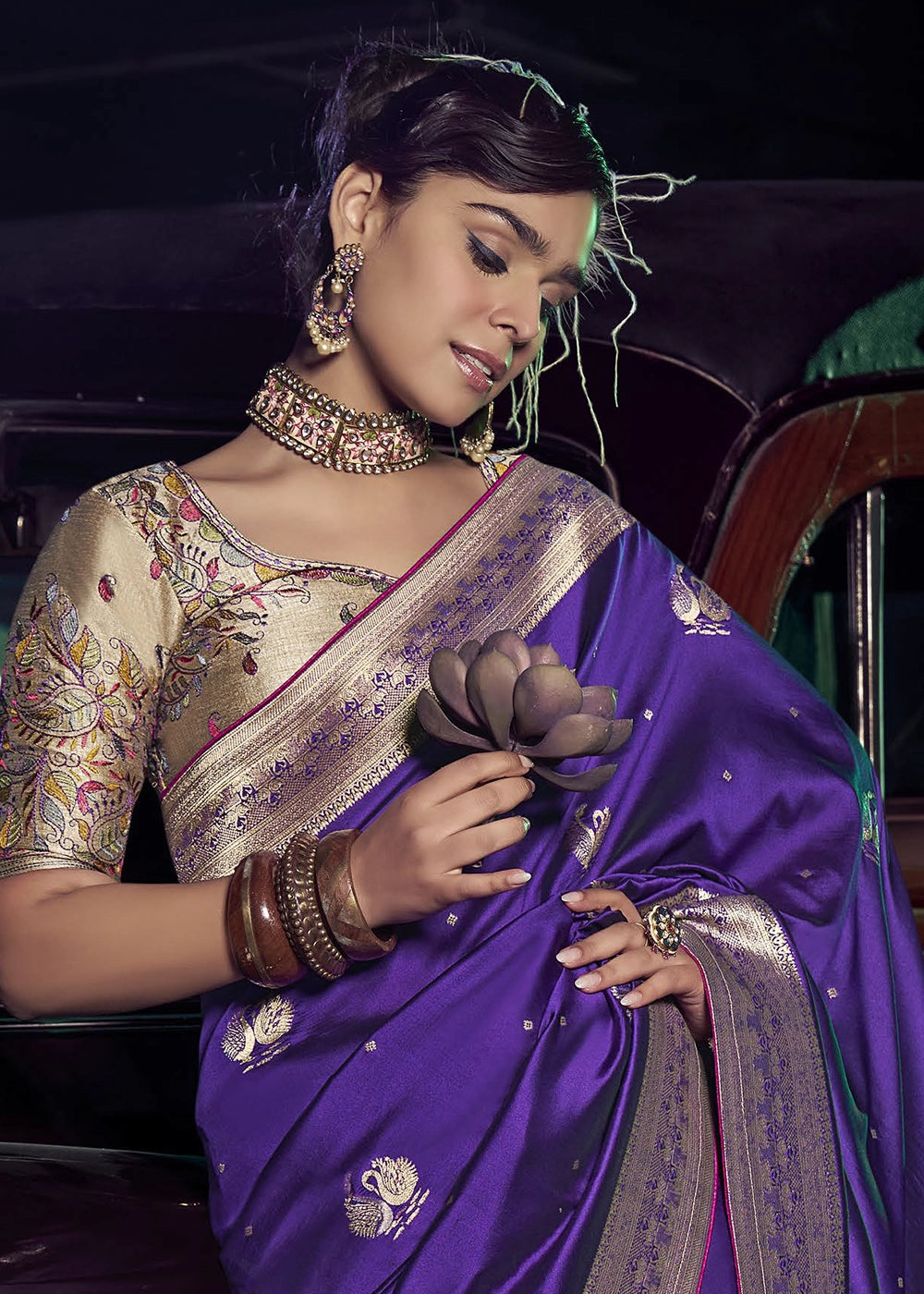 Purple Pure Silk with 3D weaved Pallu & Heavy Embroidery Designer Blouse