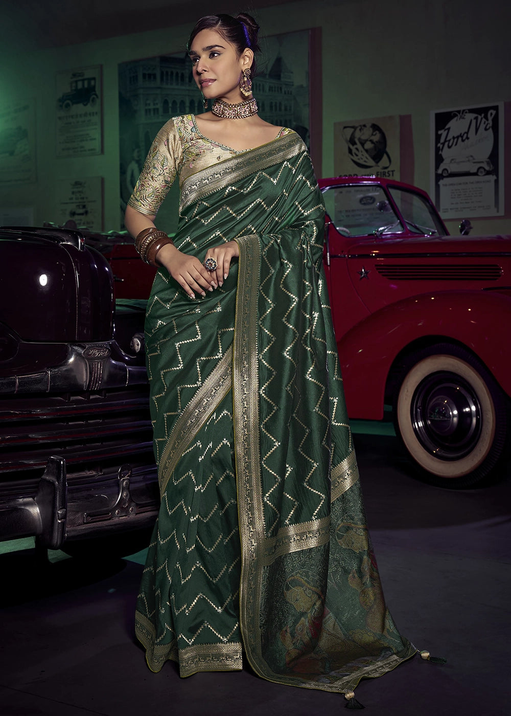 Olive Green Pure Silk with 3D weaved Pallu & Heavy Embroidery Designer Blouse