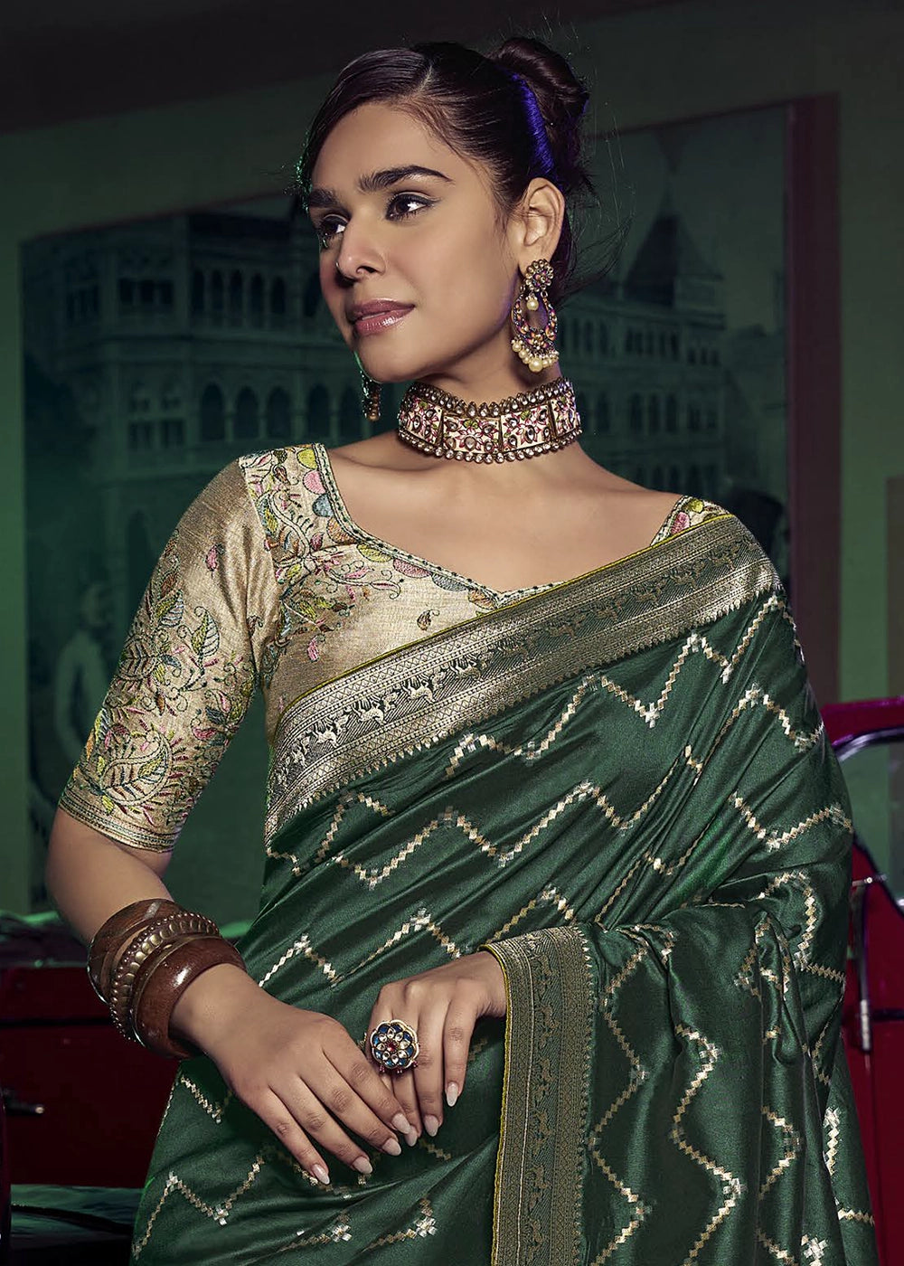 Olive Green Pure Silk with 3D weaved Pallu & Heavy Embroidery Designer Blouse