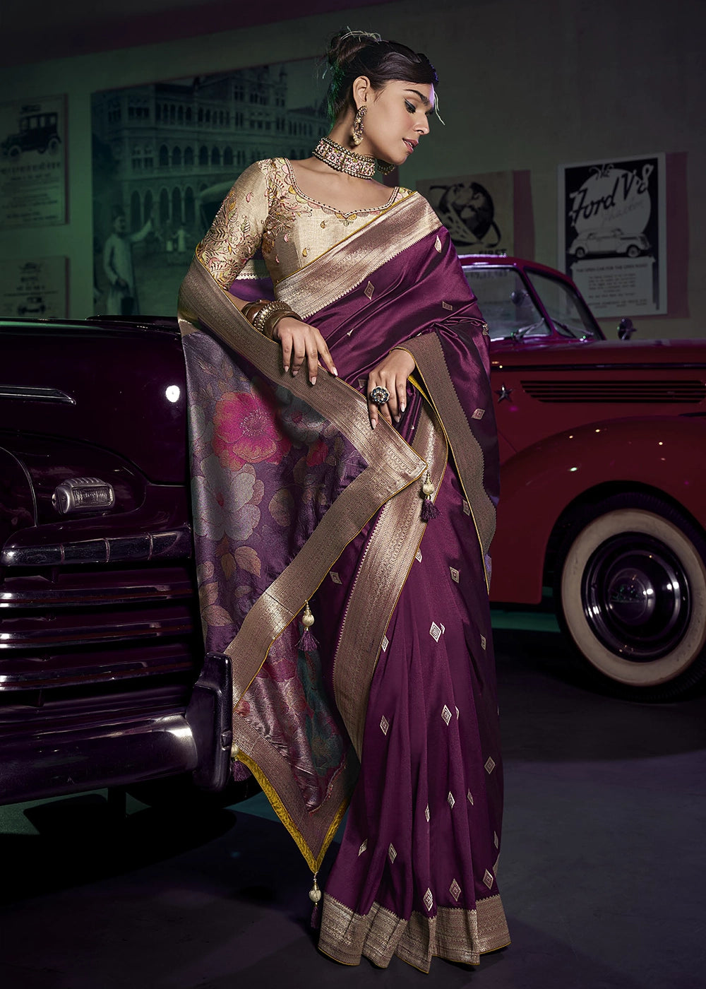 Burgundy Pure Silk with 3D weaved Pallu & Heavy Embroidery Designer Blouse