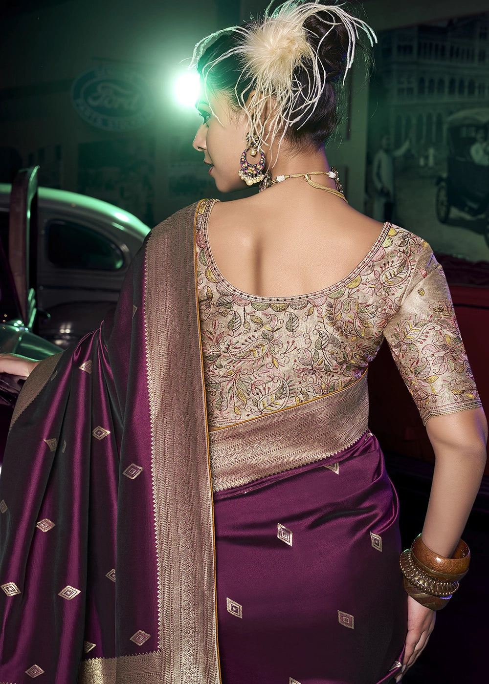 Burgundy Pure Silk with 3D weaved Pallu & Heavy Embroidery Designer Blouse