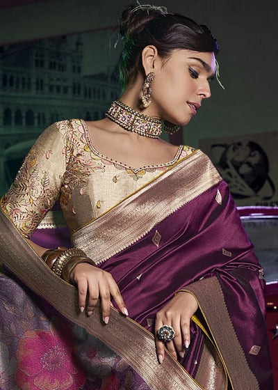 Burgundy Pure Silk with 3D weaved Pallu & Heavy Embroidery Designer Blouse