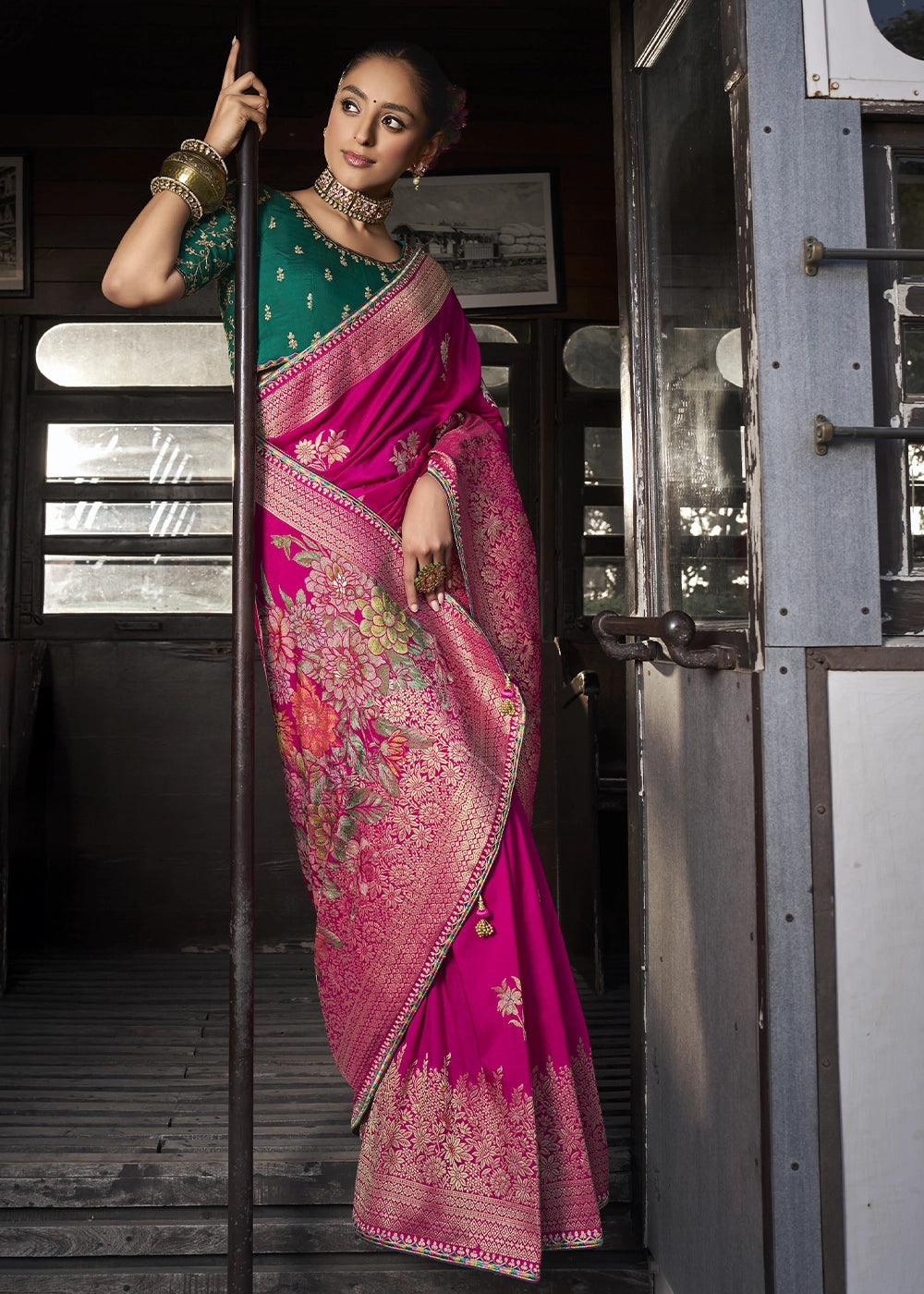 Rani Color Soft Dola Viscous Silk with 3d Weaved Pallu & Fancy Lace Border Saree with Heavy Embroidered Contrast Blouse