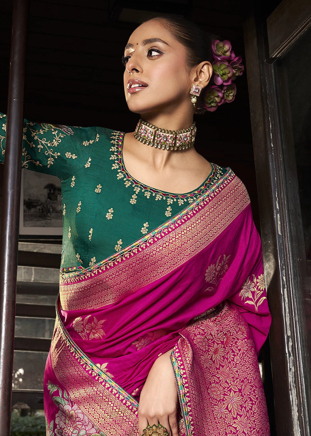 Rani Color Soft Dola Viscous Silk with 3d Weaved Pallu & Fancy Lace Border Saree with Heavy Embroidered Contrast Blouse