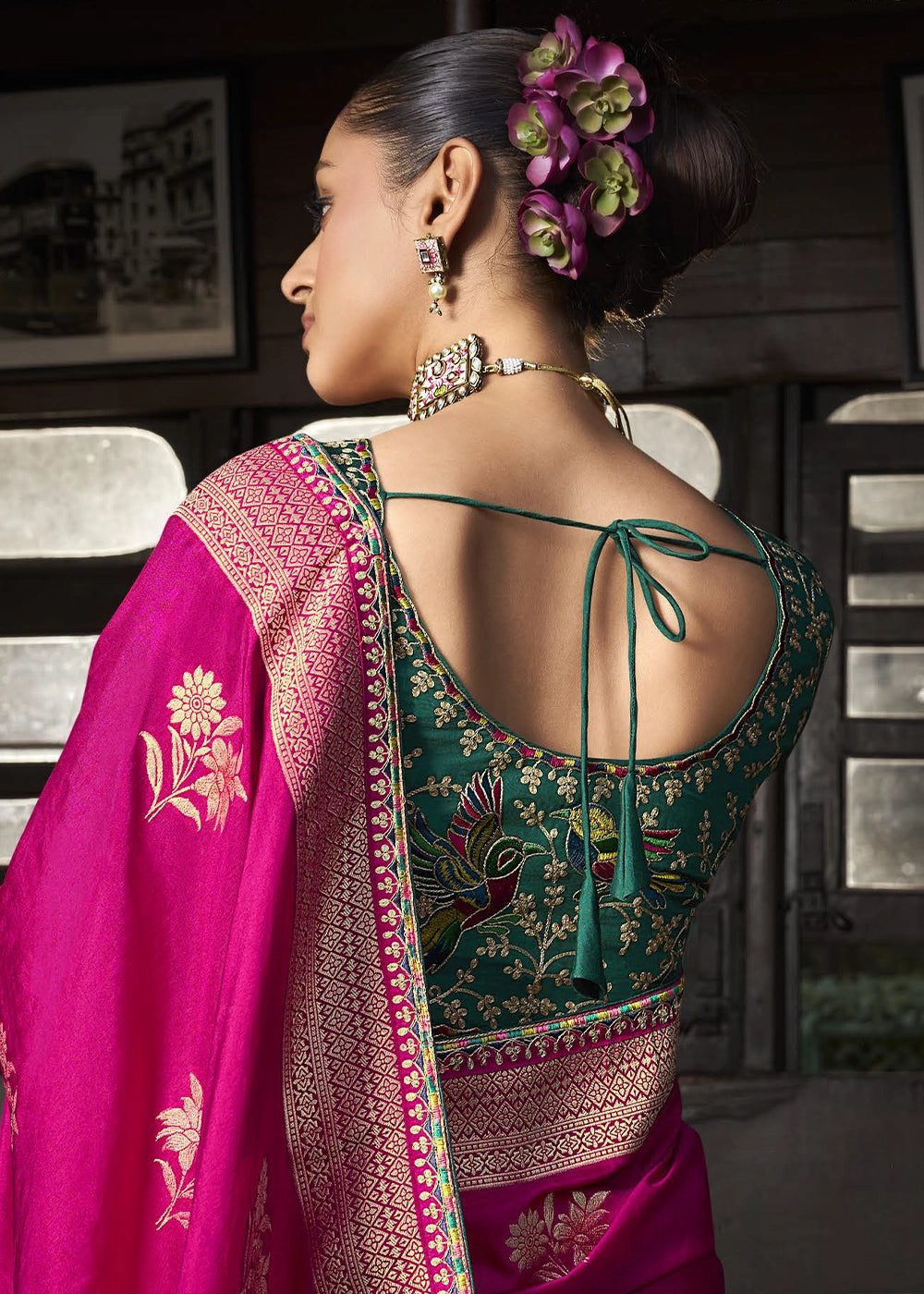 Rani Color Soft Dola Viscous Silk with 3d Weaved Pallu & Fancy Lace Border Saree with Heavy Embroidered Contrast Blouse
