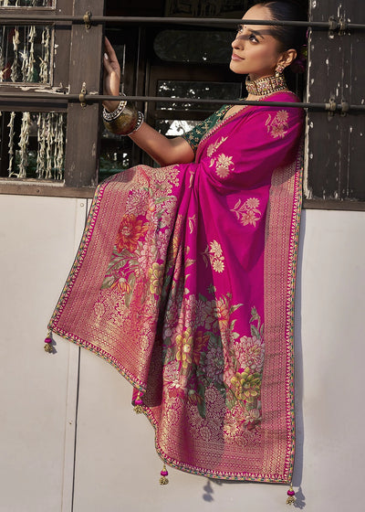 Rani Color Soft Dola Viscous Silk with 3d Weaved Pallu & Fancy Lace Border Saree with Heavy Embroidered Contrast Blouse