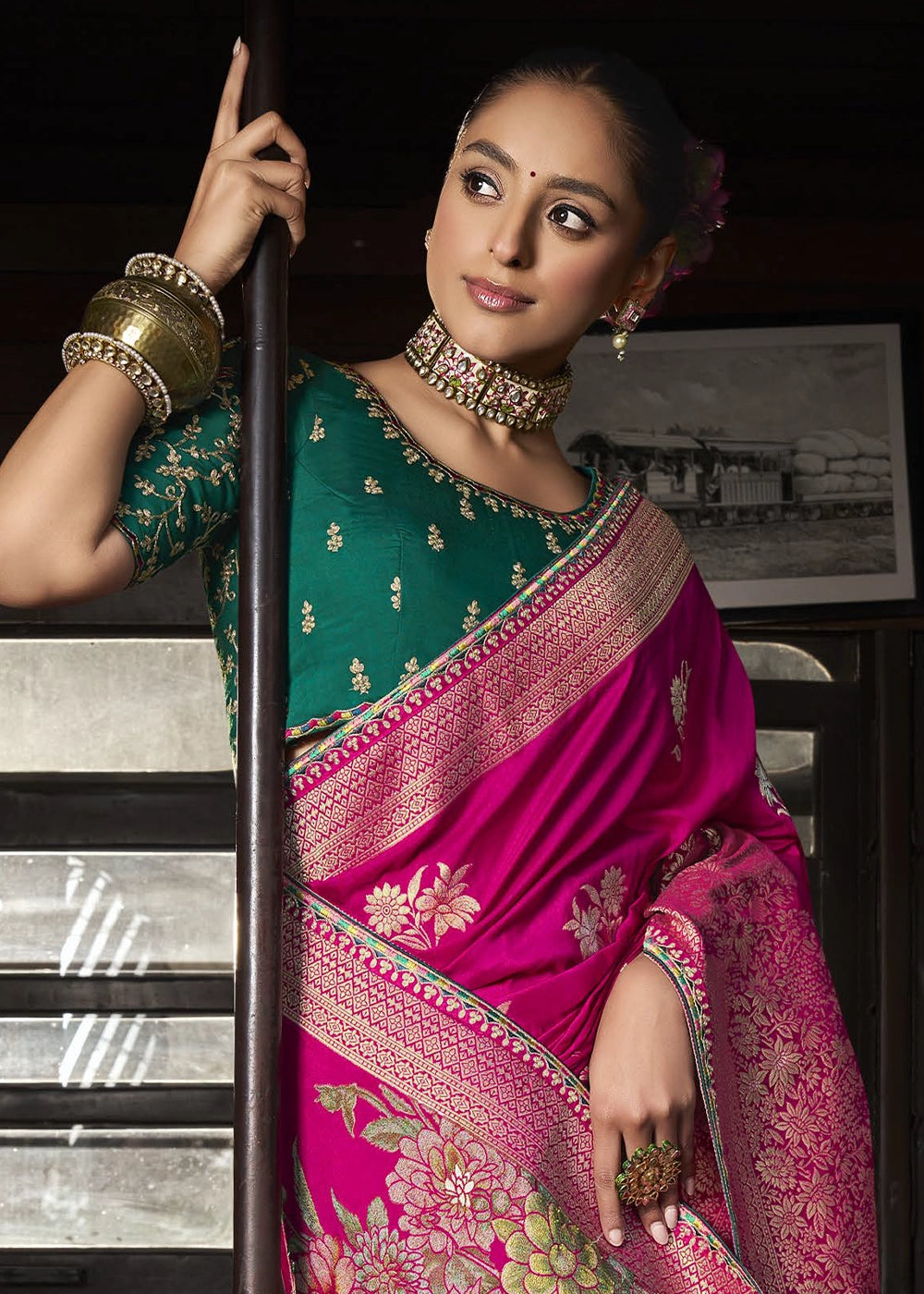 Rani Color Soft Dola Viscous Silk with 3d Weaved Pallu & Fancy Lace Border Saree with Heavy Embroidered Contrast Blouse