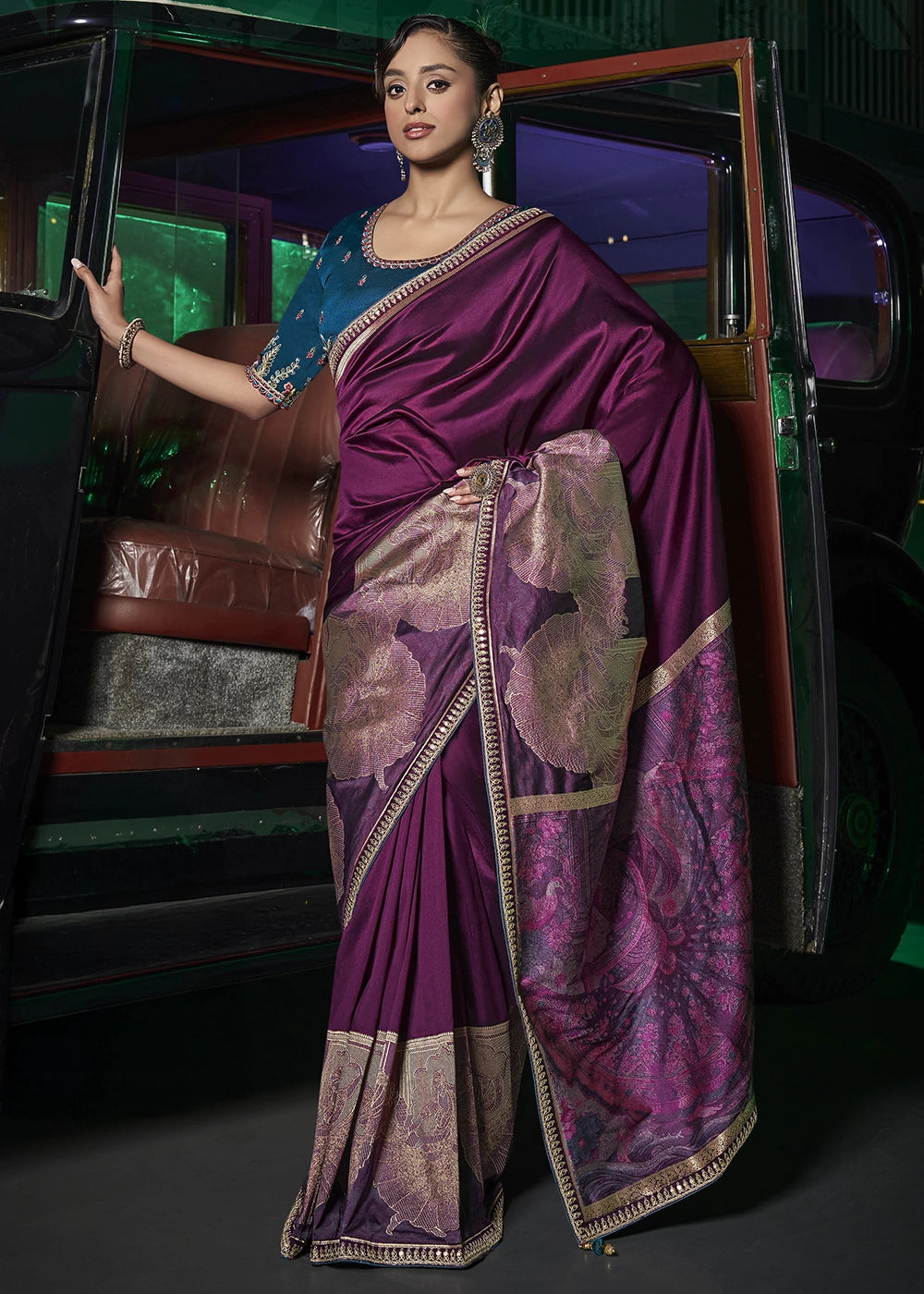 Purple Pure Silk with Heavy Designer Weaved Pallu & Fancy Lace Designer Saree with Contrast Embroidered Blouse.