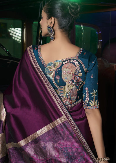 Purple Pure Silk with Heavy Designer Weaved Pallu & Fancy Lace Designer Saree with Contrast Embroidered Blouse.