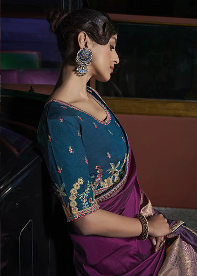 Purple Pure Silk with Heavy Designer Weaved Pallu & Fancy Lace Designer Saree with Contrast Embroidered Blouse.
