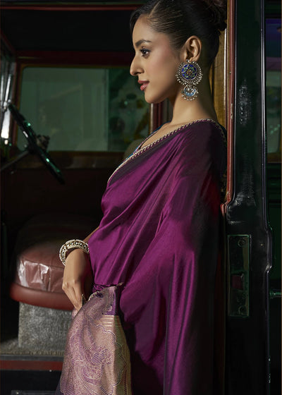 Purple Pure Silk with Heavy Designer Weaved Pallu & Fancy Lace Designer Saree with Contrast Embroidered Blouse.