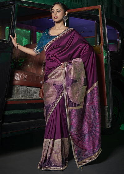Purple Pure Silk with Heavy Designer Weaved Pallu & Fancy Lace Designer Saree with Contrast Embroidered Blouse.