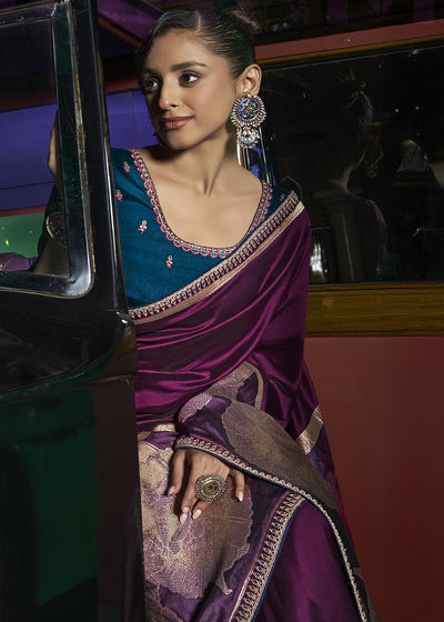 Purple Pure Silk with Heavy Designer Weaved Pallu & Fancy Lace Designer Saree with Contrast Embroidered Blouse.