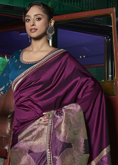 Purple Pure Silk with Heavy Designer Weaved Pallu & Fancy Lace Designer Saree with Contrast Embroidered Blouse.