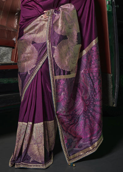 Purple Pure Silk with Heavy Designer Weaved Pallu & Fancy Lace Designer Saree with Contrast Embroidered Blouse.