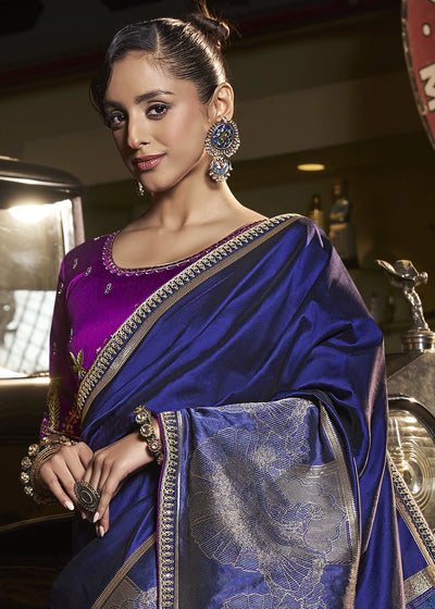 Blue Pure Silk with Heavy Designer Weaved Pallu & Fancy Lace Designer Saree with Contrast Embroidered Blouse.