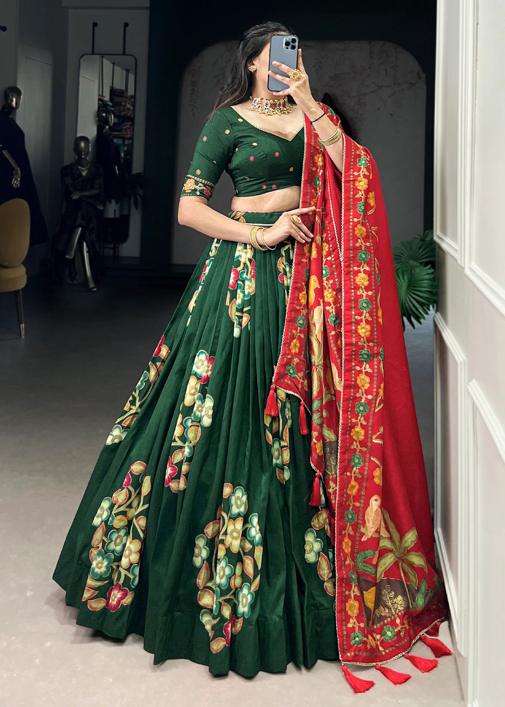 Tussar Silk Printed and Foil Work with Lace Touch Up