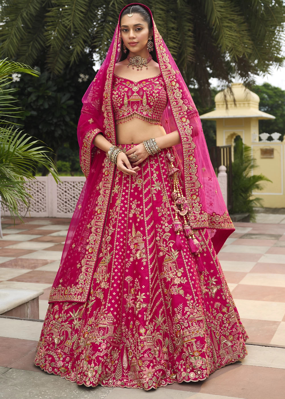 Pink - Embroidery, Sequence, Thread, Pearl & Zari Weaving Work Bridal Semi Stitched Lehenga House of Panchhi