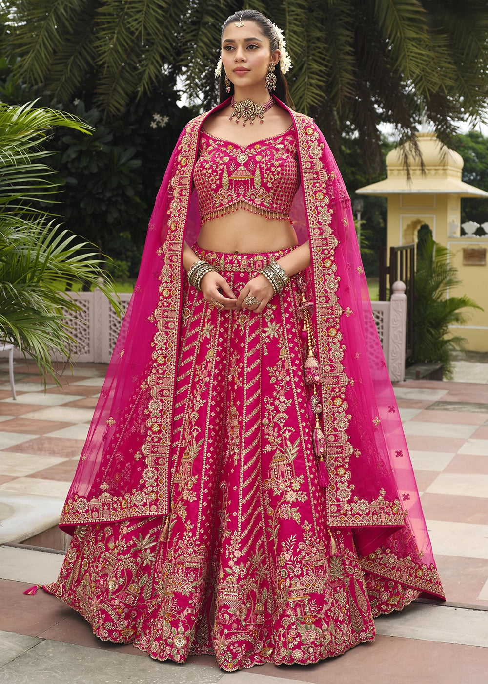 Pink - Embroidery, Sequence, Thread, Pearl & Zari Weaving Work Bridal Semi Stitched Lehenga House of Panchhi