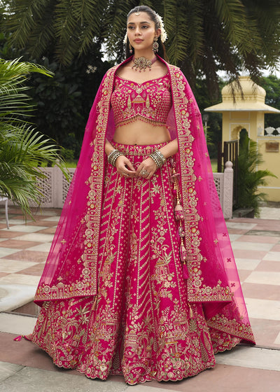 Pink - Embroidery, Sequence, Thread, Pearl & Zari Weaving Work Bridal Semi Stitched Lehenga House of Panchhi