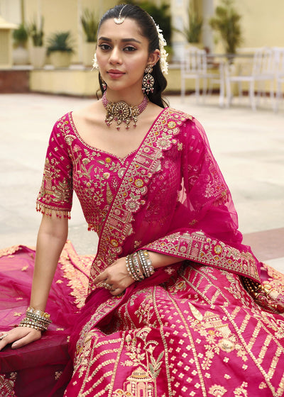 Pink - Embroidery, Sequence, Thread, Pearl & Zari Weaving Work Bridal Semi Stitched Lehenga House of Panchhi