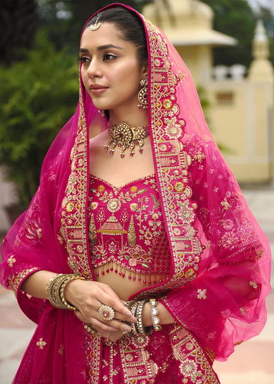 Pink - Embroidery, Sequence, Thread, Pearl & Zari Weaving Work Bridal Semi Stitched Lehenga House of Panchhi