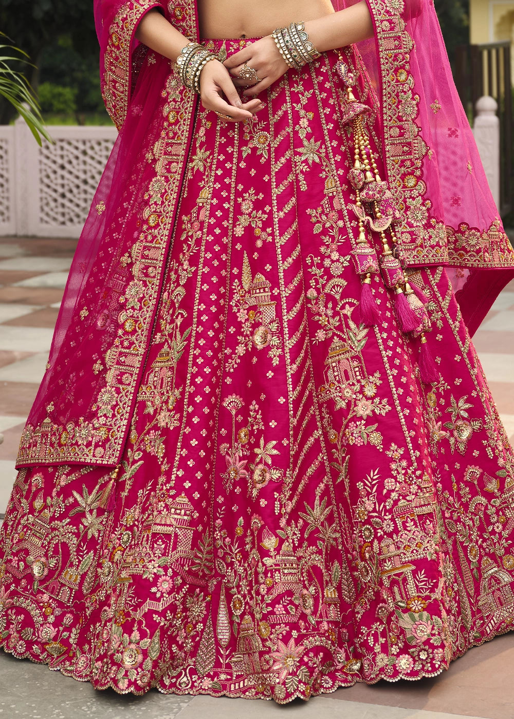 Pink - Embroidery, Sequence, Thread, Pearl & Zari Weaving Work Bridal Semi Stitched Lehenga House of Panchhi