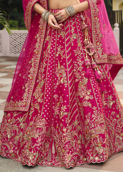 Pink - Embroidery, Sequence, Thread, Pearl & Zari Weaving Work Bridal Semi Stitched Lehenga House of Panchhi