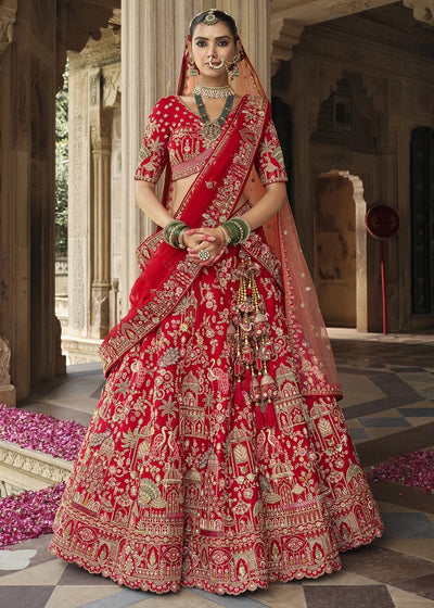 Red - Embroidery, Sequence, Thread Work Bridal Semi Stitched Lehenga House of Panchhi