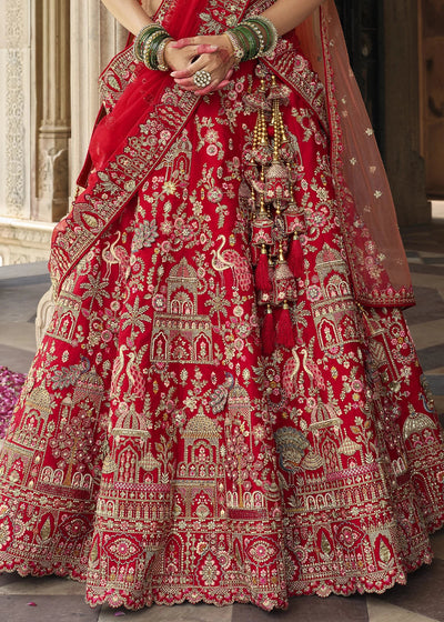 Red - Embroidery, Sequence, Thread Work Bridal Semi Stitched Lehenga House of Panchhi
