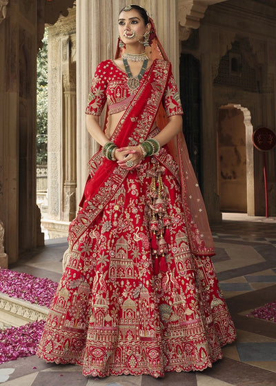 Red - Embroidery, Sequence, Thread Work Bridal Semi Stitched Lehenga House of Panchhi